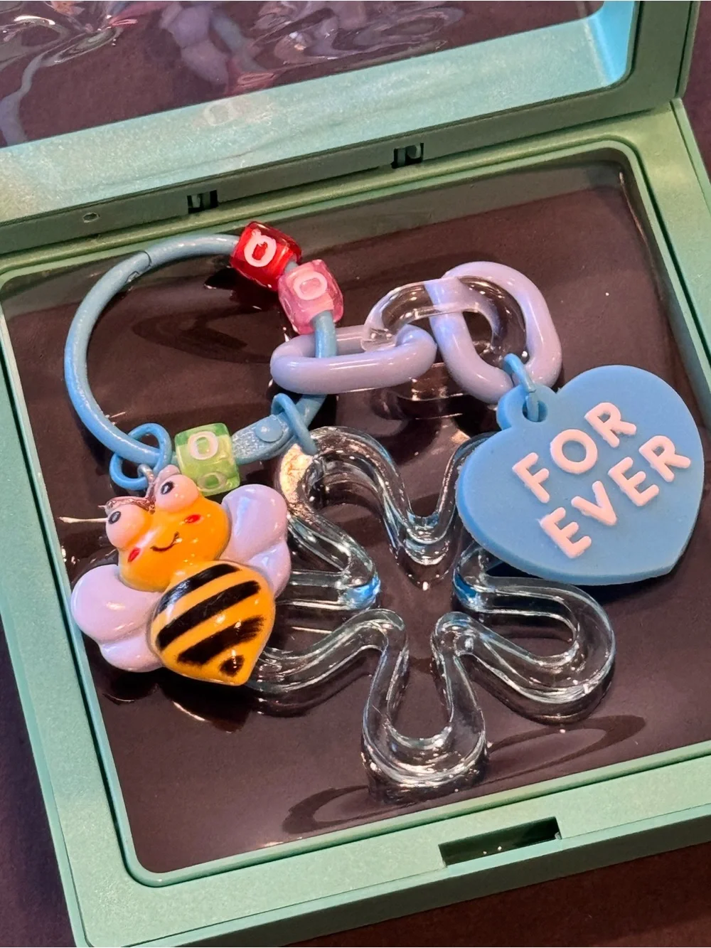 NWT Bee Heart Charm Keychain Blue Beaded Bag Clip in Shadow Box